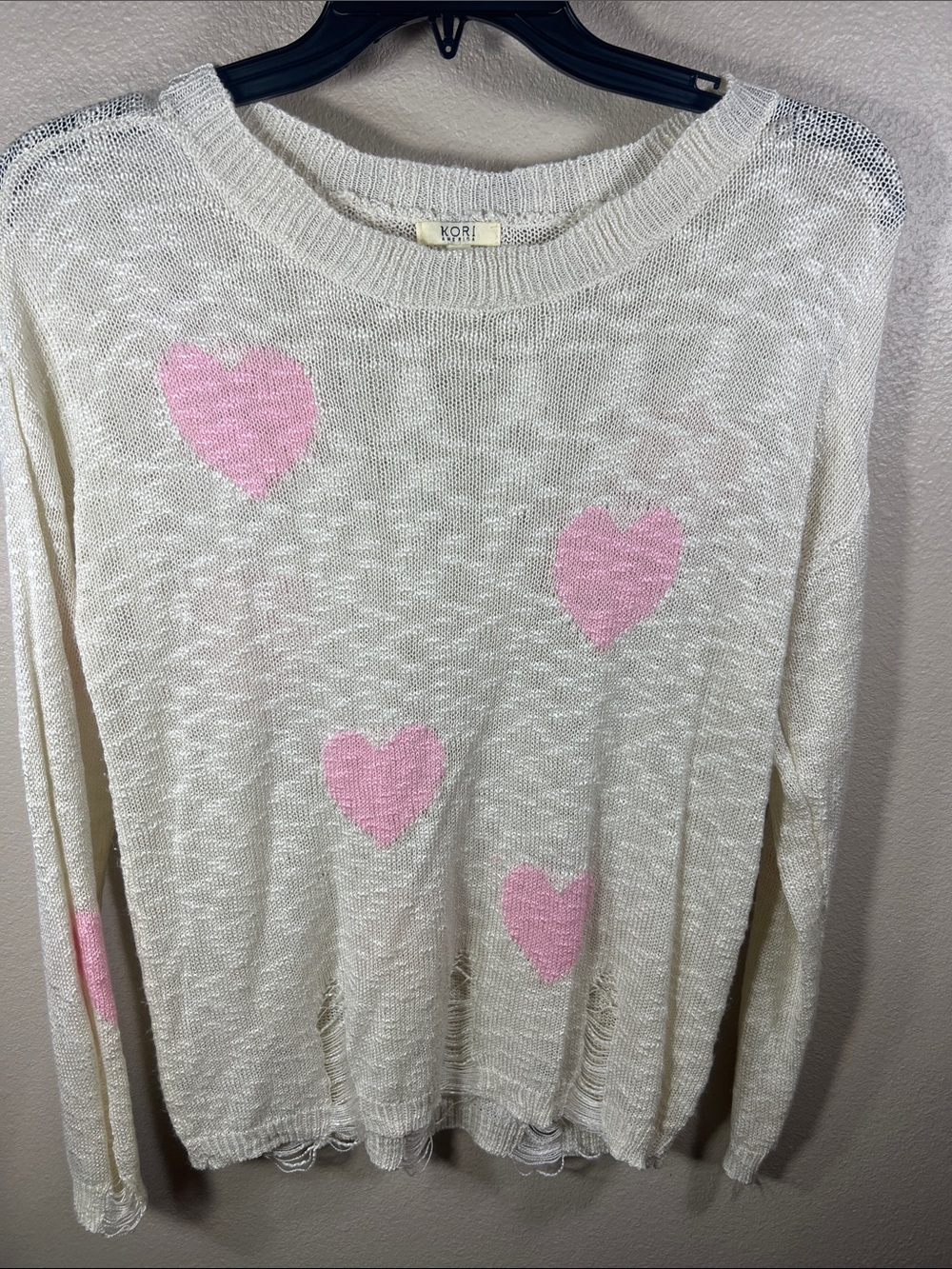 Kori Cream Knit Crewneck Sweater with Pink Heart Accents
